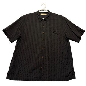 Tommy Bahama Vintage 100% Silk‎ Shirt Mens XL Black Textured Stripe Camp Button